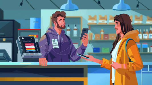 A man scanning an NFC Business card to leave a review on Google.